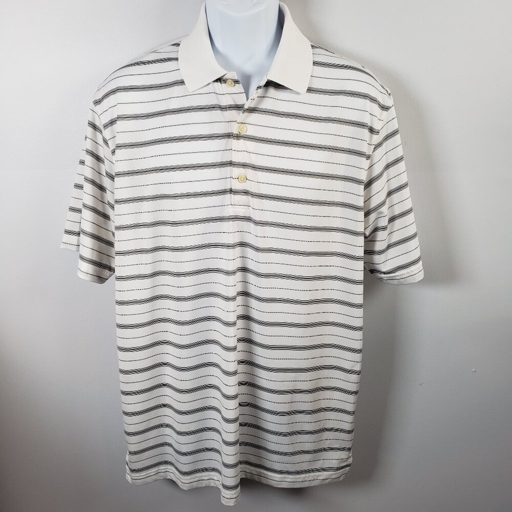 Greg Norman Polo Shirt Mens Large White W/Black Stripe Play Dry Golf / A249